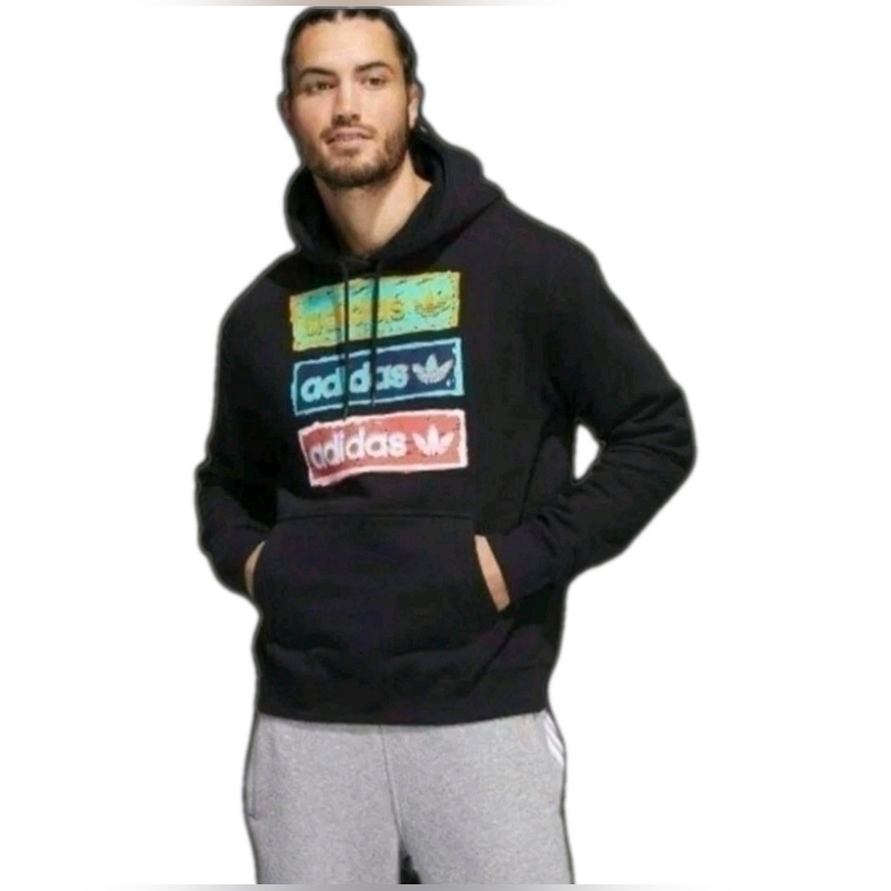 Adidas Originals Tri Linear Hoodie XL Black Multicolor Trefoil Pullover